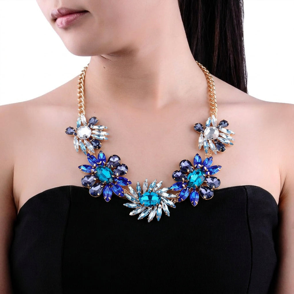 Fashion Charm Colorful Rhinestones Crystal Stone Flower Statement Bib Necklace