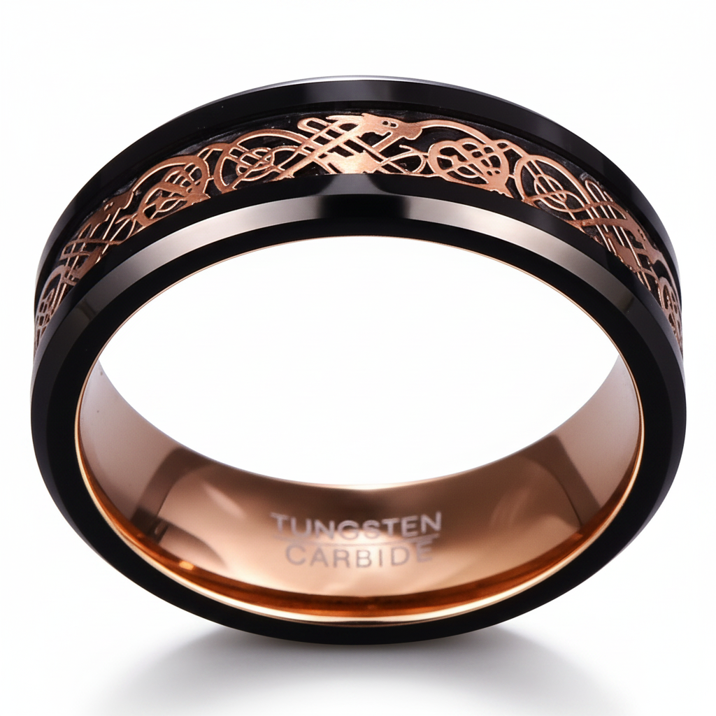 DRAGON 8mm Rose Gold Celtic Dragon Inlay Black Tungsten Wedding Ring Band Comfort Fit