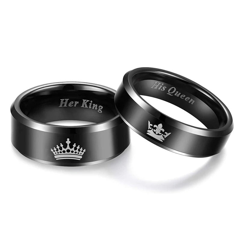 His and Her Tungsten with Engraved Crown King and Queen Couple Ring Se ...