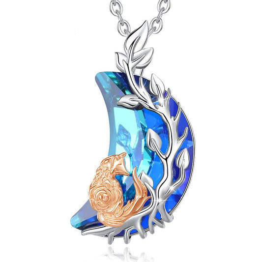 Sterling Silver Crystal Moon and Fox Pendant Necklace-Necklaces-Innovato Design-Innovato Design