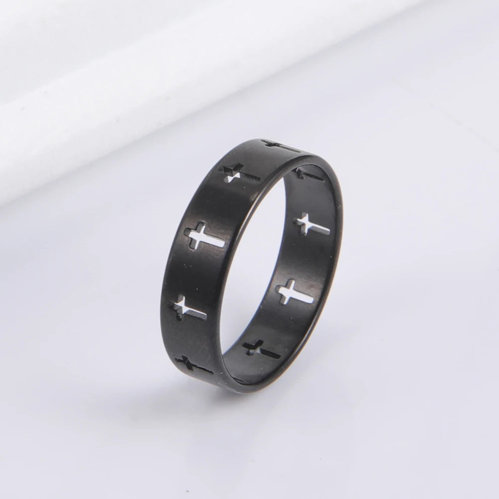 6mm Stainless Steel Hollow Cross Black Ring Wedding Engagement Band-Rings-Innovato Design-6-Innovato Design
