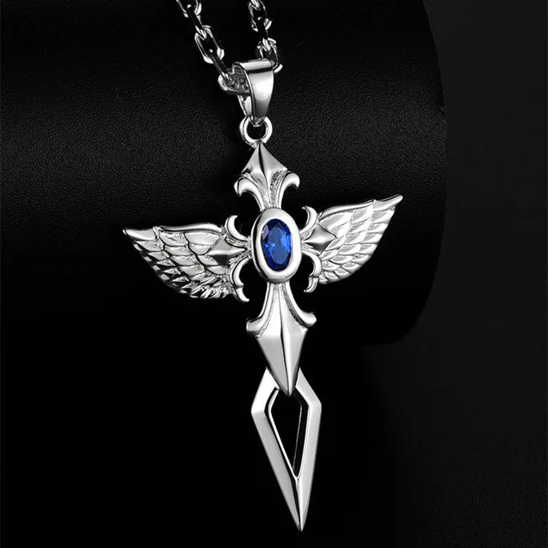 Silver Angel Wings Blue Crystal Zircon Cross Pendant Necklace-Necklaces-Innovato Design-Innovato Design