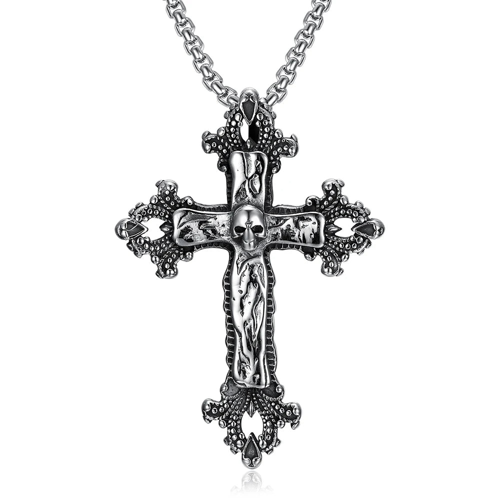 Vintage Stainless Steel Cross Pendant Skull Gothic Necklace-Necklaces-Innovato Design-Innovato Design