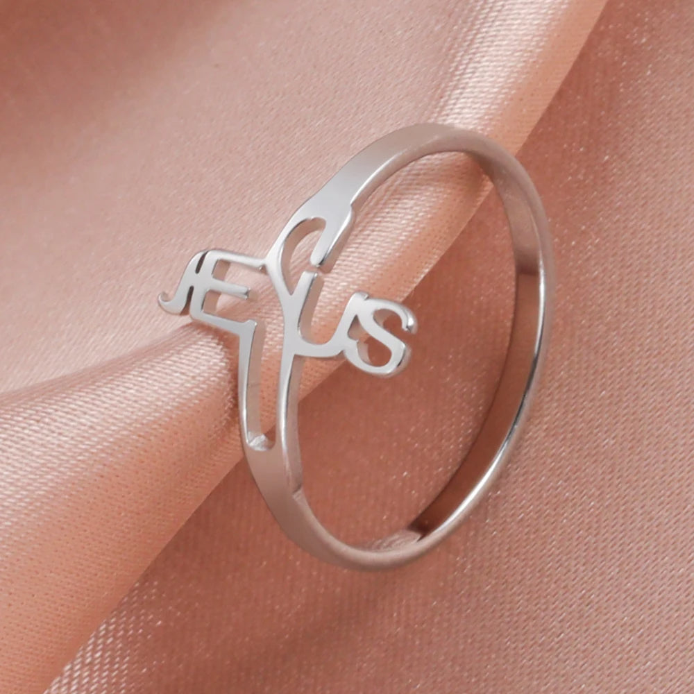 Stainless Steel Jesus Ring Christian Religious Holy Cross Wedding Engagement