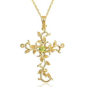 Sterling Silver Steel Leaf Branch Peridot Gold Cross Pendant Necklace-Necklaces-Innovato Design-Innovato Design