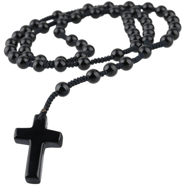 Natural Stone Pendant Cross Bead Rosary Chain Necklace-Necklaces-Innovato Design-Black-Innovato Design