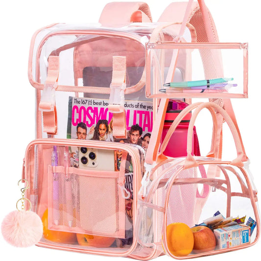 Waterproof Clear Fabric & PVC School Transparent Backpack Set-clear backpack-Innovato Design-Pink-Innovato Design