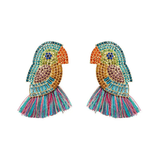 Women's Austrian Crystal Parrot Pet Bird Pierced Dangle Tassel Earrings-Earrings-Innovato Design-Multicolor-Innovato Design