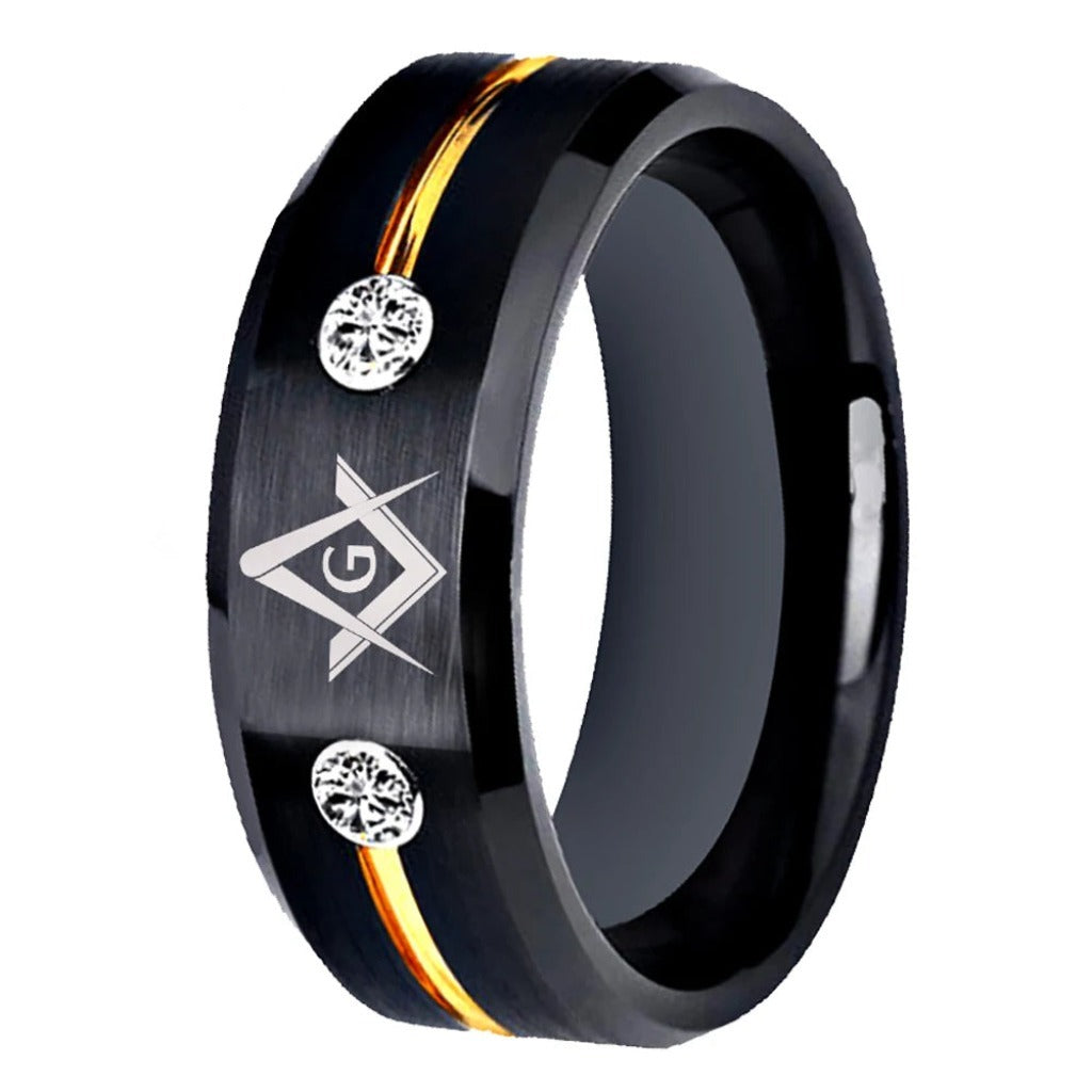 Men's Masonic Tungsten Carbide Ring Gold Line With Stones – Innovato Design