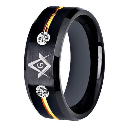 Men's Masonic Tungsten Carbide Ring Gold Line With Stones