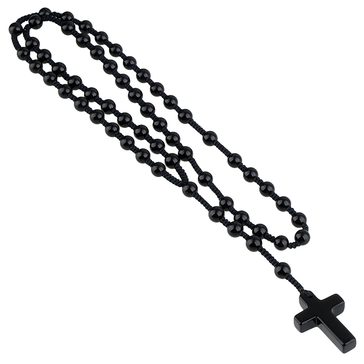 Natural Stone Pendant Cross Bead Rosary Chain Necklace-Necklaces-Innovato Design-Black-Innovato Design
