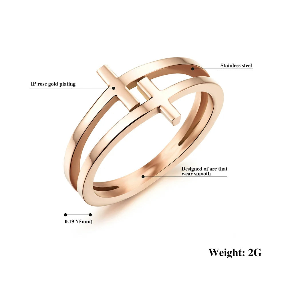 Women Elegant 18K Rose Gold Stainless Steel Double Cross Ring Christian Fashion Wedding Engagement Band