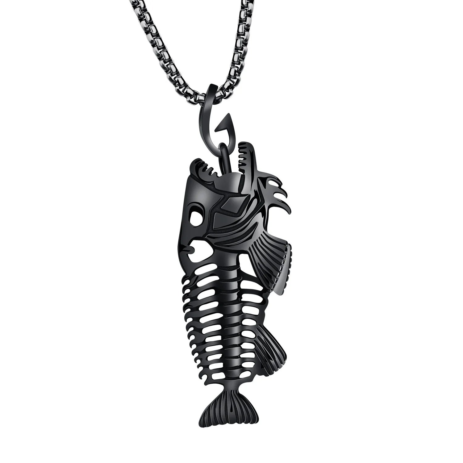 Stainless Steel Fish Hook Bone Pendant with Chain Necklace-Necklaces-Innovato Design-Black-Innovato Design