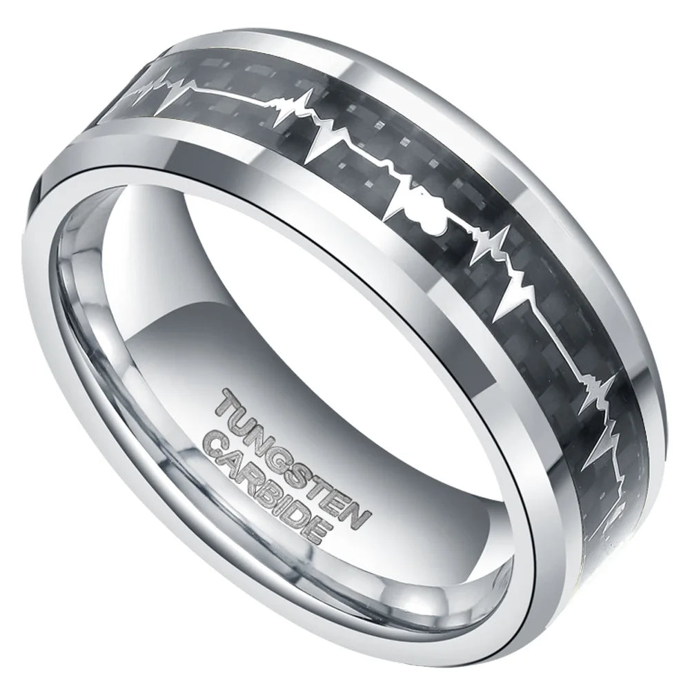 6mm/8mm Tungsten Rings Heartbeat Cardiogram Black Carbon Fiber Engagement Wedding Band-Rings-Innovato Design-8mm-5-Innovato Design