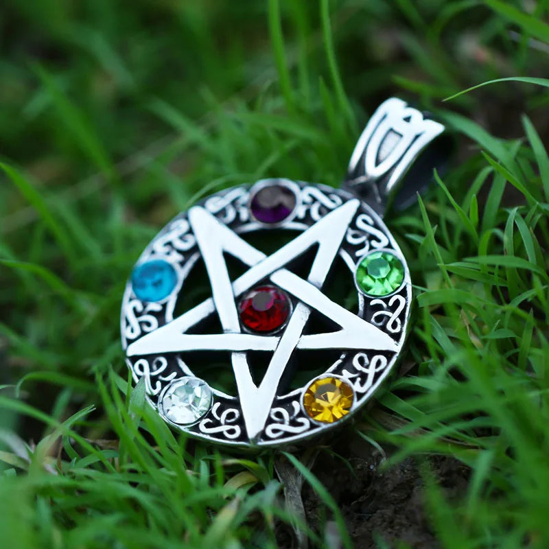 Elemental Crystal Wiccan Pagan Magic Star Pentacle Pentagram Pewter Pendant-Necklaces-Innovato Design-Innovato Design
