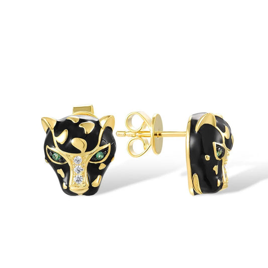 18k Gold Plated Leopard Head White Black Crystal Stud Earrings-Earrings-Innovato Design-Innovato Design