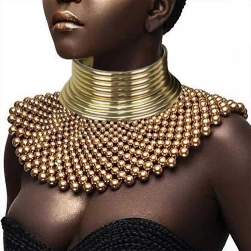 African Collar Choker Beads Indian Handmade Bib Necklace in Gold Tone-Necklaces-Innovato Design-Innovato Design