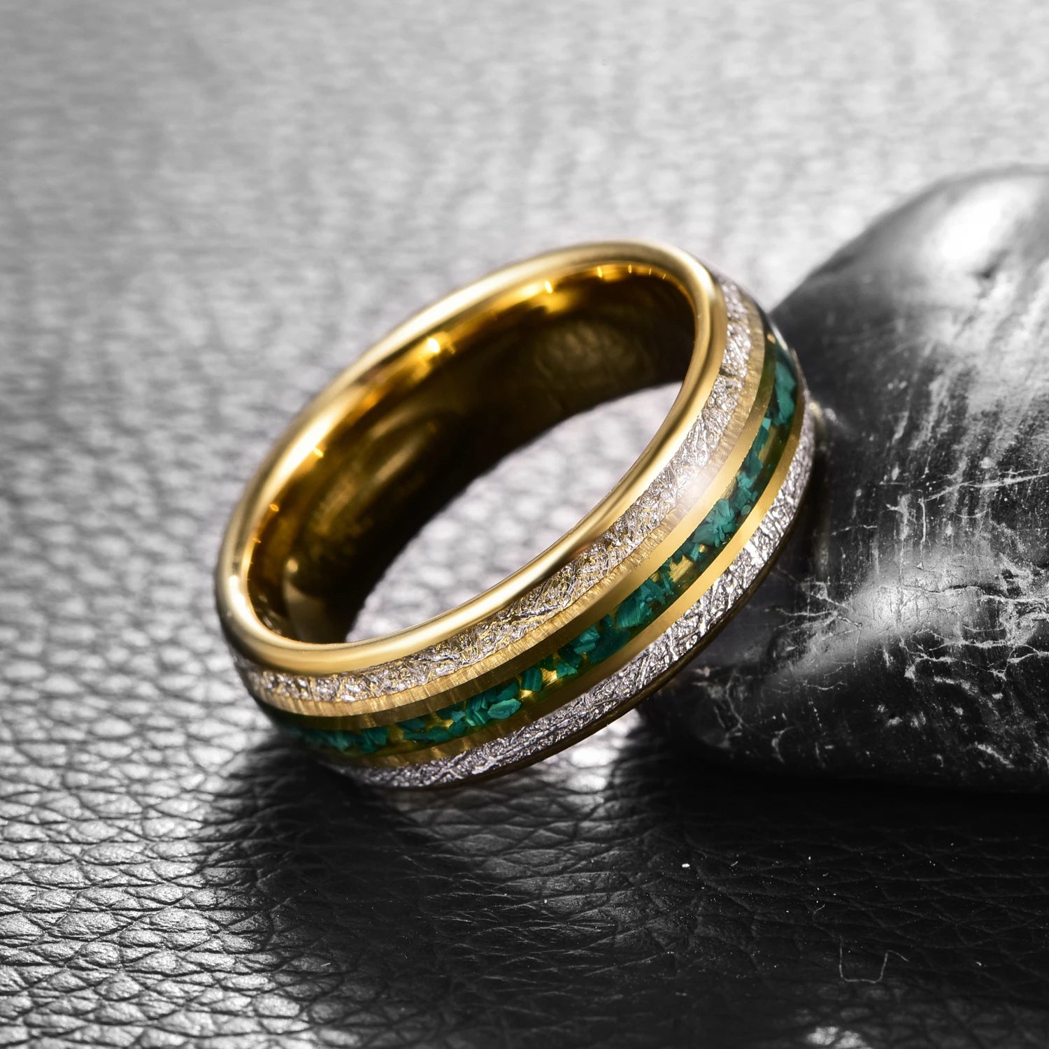 Men 8mm Green Inlay Meteorite Tungsten Electric Gold Ring-Rings-Innovato Design-7-Innovato Design