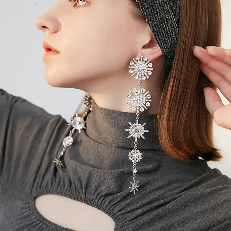 Women's Cubic Zirconia Gorgeous Snowflake Chandelier Long Dangle Earrings Clear Silver-Tone-Earrings-Innovato Design-Innovato Design
