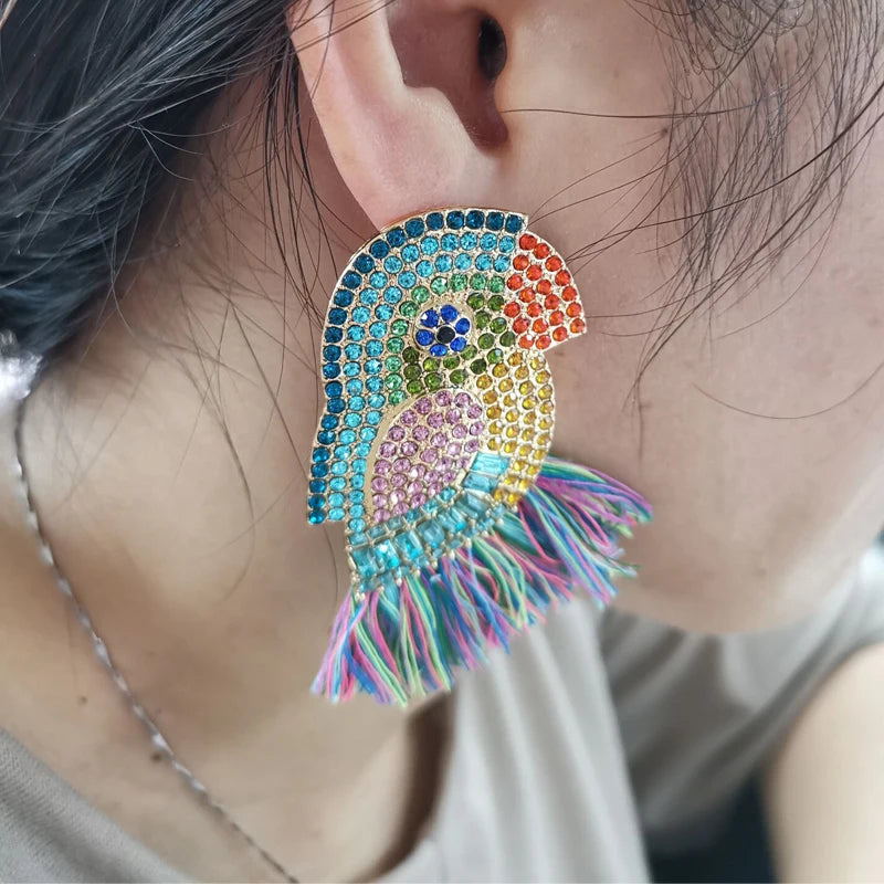 Women's Austrian Crystal Parrot Pet Bird Pierced Dangle Tassel Earrings-Earrings-Innovato Design-Blue-Innovato Design