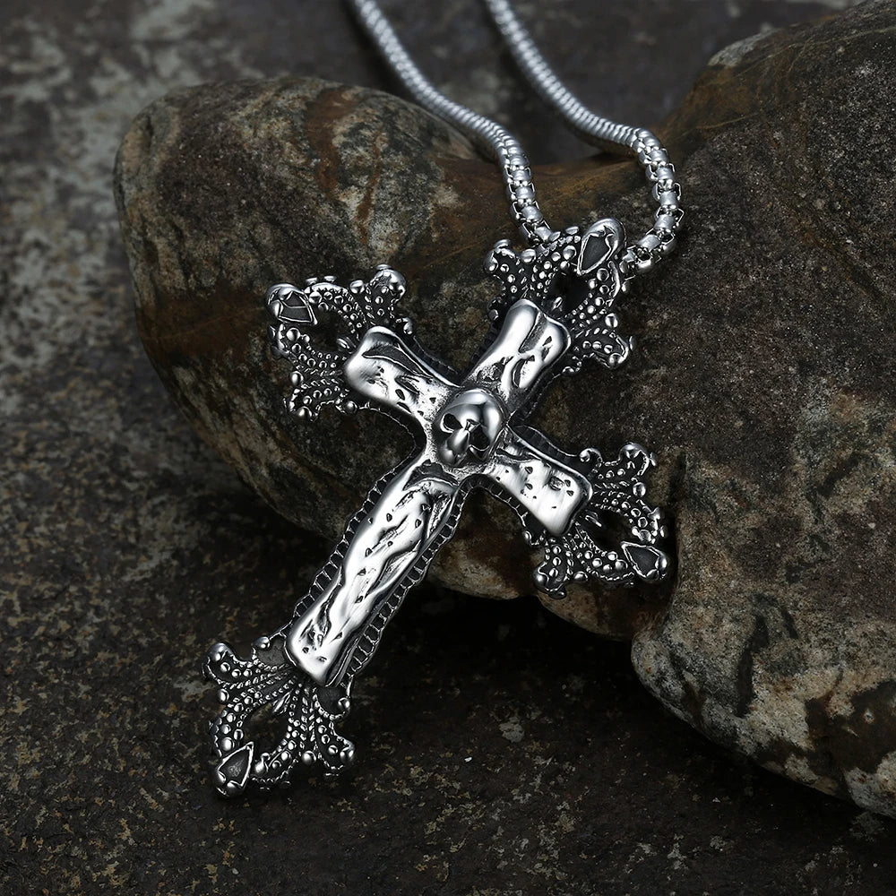 Vintage Stainless Steel Cross Pendant Skull Gothic Necklace-Necklaces-Innovato Design-Innovato Design