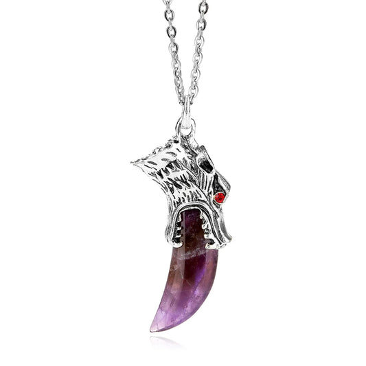 Men's Stainless Steel Pendant Necklace Natural Crystal Wolf Tooth Tribal-Necklaces-Innovato Design-Purple-Innovato Design