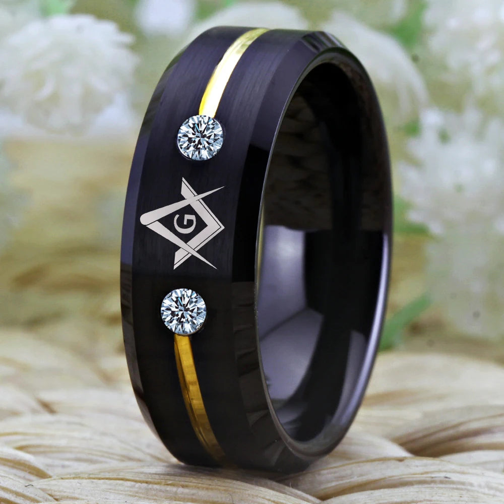 Men's Masonic Tungsten Carbide Ring Gold Line With Stones-Rings-Innovato Design-7-Innovato Design