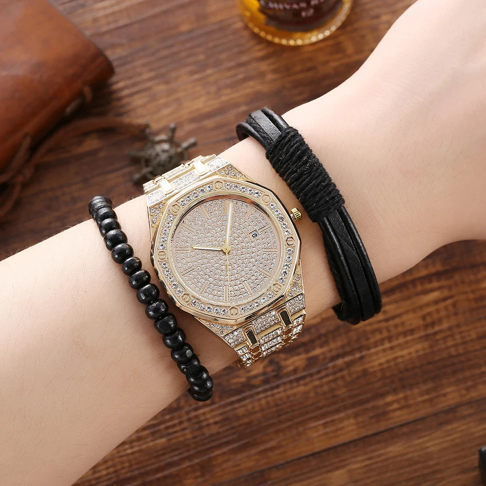 Men Hip Hop Diamond Quartz Watch, Leather Belt, Folding Wallet, and Ballpoint Pen Gift Set-Jewelry Sets-Innovato Design-Innovato Design