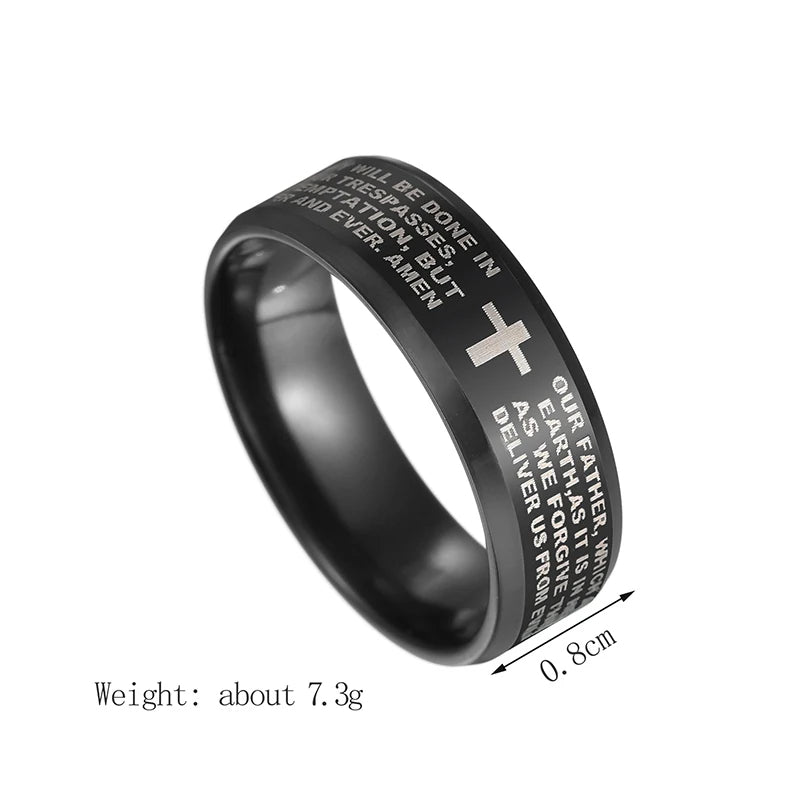 8mm Tungsten Carbide Black Ring Engraved English Bible Lords Prayer Cross Band-Rings-Innovato Design-6-Innovato Design