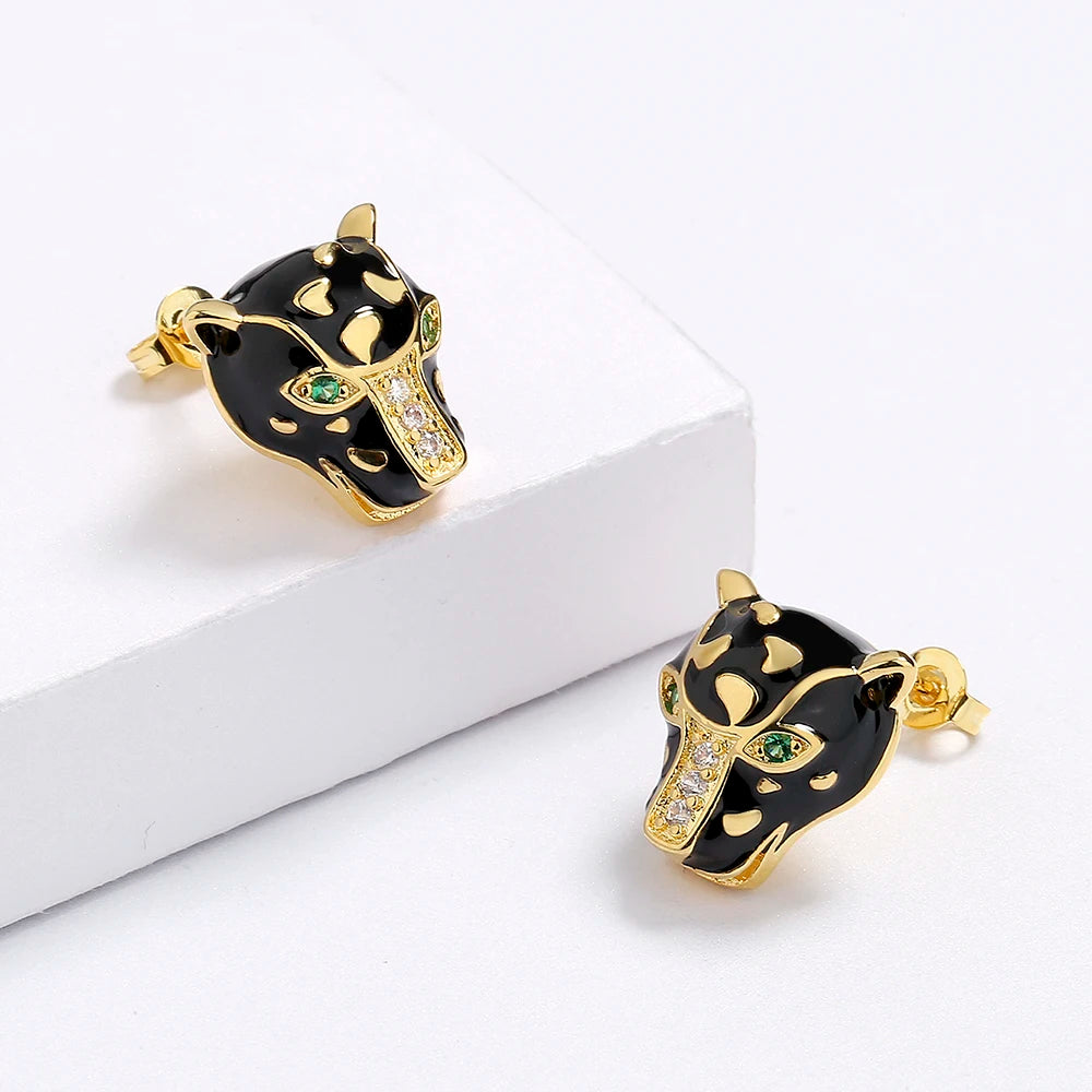 18k Gold Plated Leopard Head White Black Crystal Stud Earrings-Earrings-Innovato Design-Innovato Design