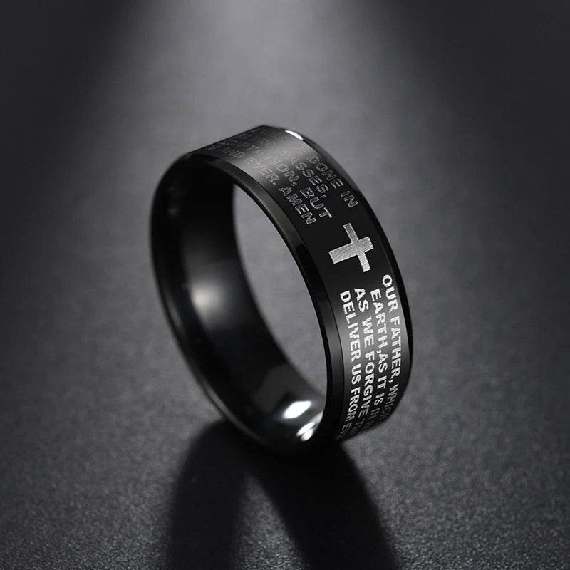 8mm Tungsten Carbide Black Ring Engraved English Bible Lords Prayer Cross Band-Rings-Innovato Design-6-Innovato Design