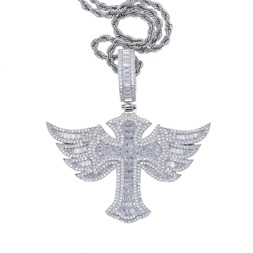 Silver Plated Angel Wing Cross Men Women Pendant CZ Necklace Rope Chain-Necklaces-Innovato Design-Innovato Design