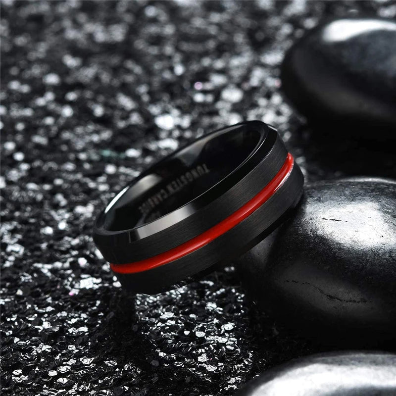 Thin Red Groove Black Brushed Tungsten Carbide Wedding Band Ring Comfort Fit-Rings-Innovato Design-6-Innovato Design
