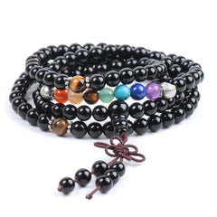 7 Chakra Real Stone Black Obsidian Buddhist Mala Prayer Beads 108 Meditation Healing Multilayer Bracelet/Necklace
