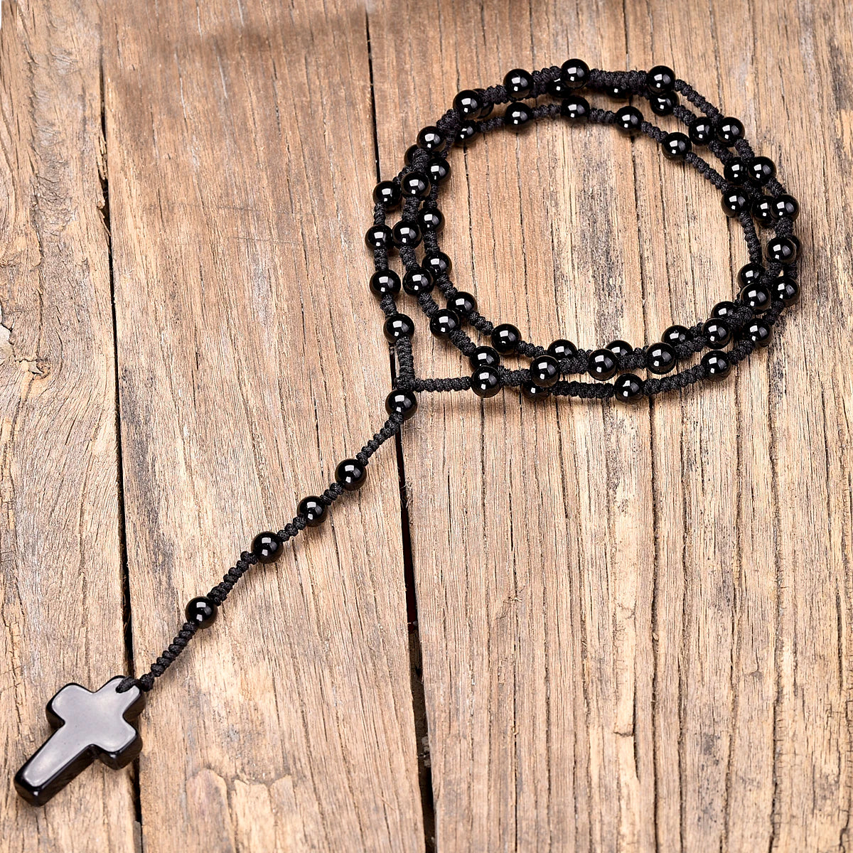 Jet Black-Tone Natural Agate Cross Bead Rosary Handmade Necklace-Necklaces-Innovato Design-Innovato Design
