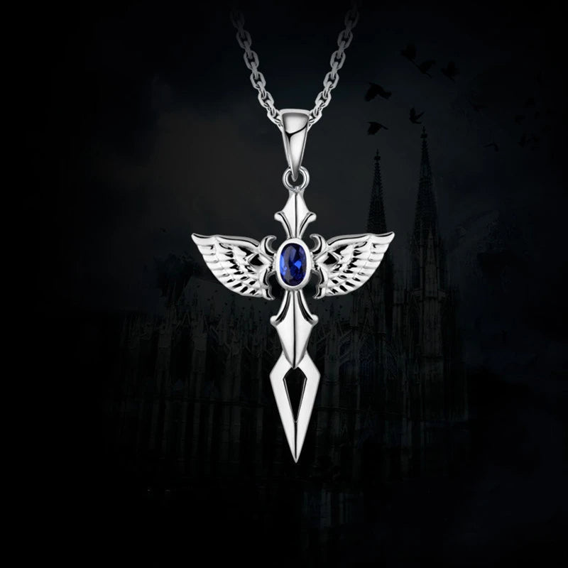 Silver Angel Wings Blue Crystal Zircon Cross Pendant Necklace-Necklaces-Innovato Design-Innovato Design