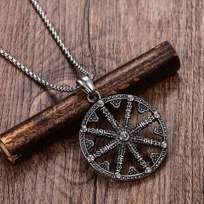 Men Stainless Steel Dharma Chakra Pendant Dharma Wheel of Law Buddhist Symbol Necklace-Necklaces-Innovato Design-Innovato Design