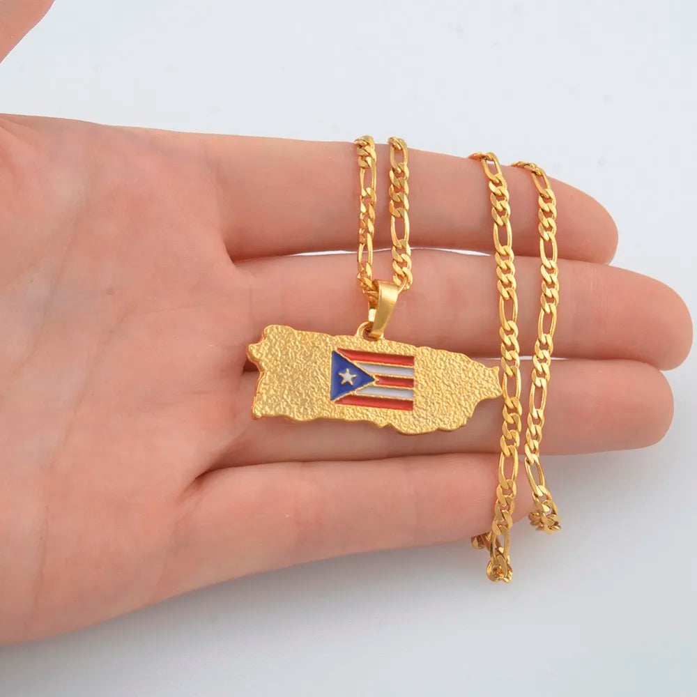 Puerto Rico Flag Pendant Figaro Chain Necklace Gold Tone-Necklaces-Innovato Design-Innovato Design