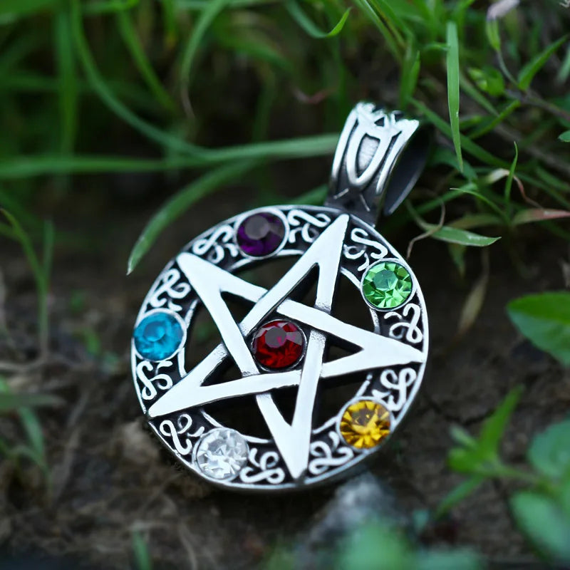Elemental Crystal Wiccan Pagan Magic Star Pentacle Pentagram Pewter Pendant-Necklaces-Innovato Design-Innovato Design