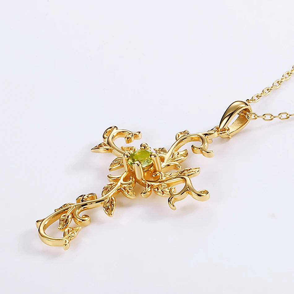 Sterling Silver Steel Leaf Branch Peridot Gold Cross Pendant Necklace-Necklaces-Innovato Design-Innovato Design