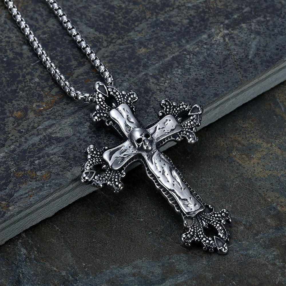 Vintage Stainless Steel Cross Pendant Skull Gothic Necklace-Necklaces-Innovato Design-Innovato Design