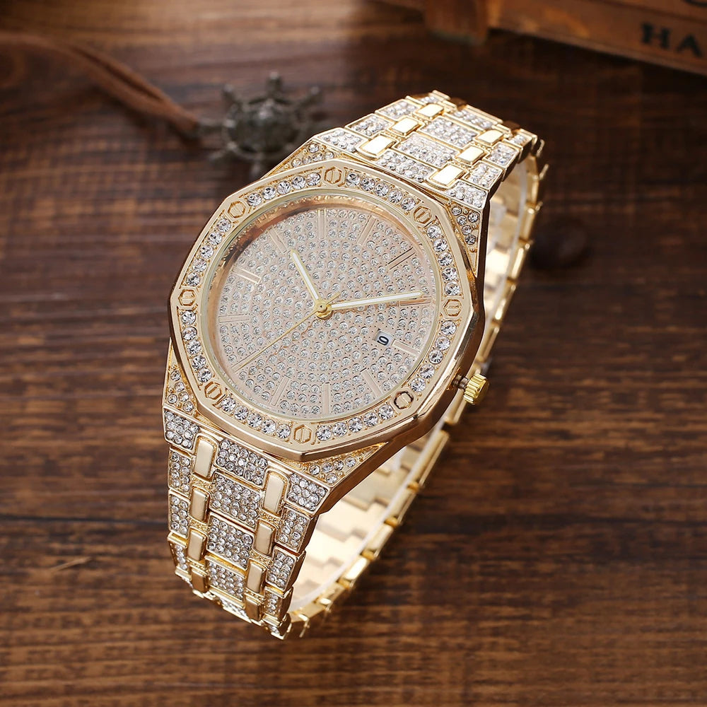 Men Hip Hop Diamond Quartz Watch, Leather Belt, Folding Wallet, and Ballpoint Pen Gift Set-Jewelry Sets-Innovato Design-Innovato Design