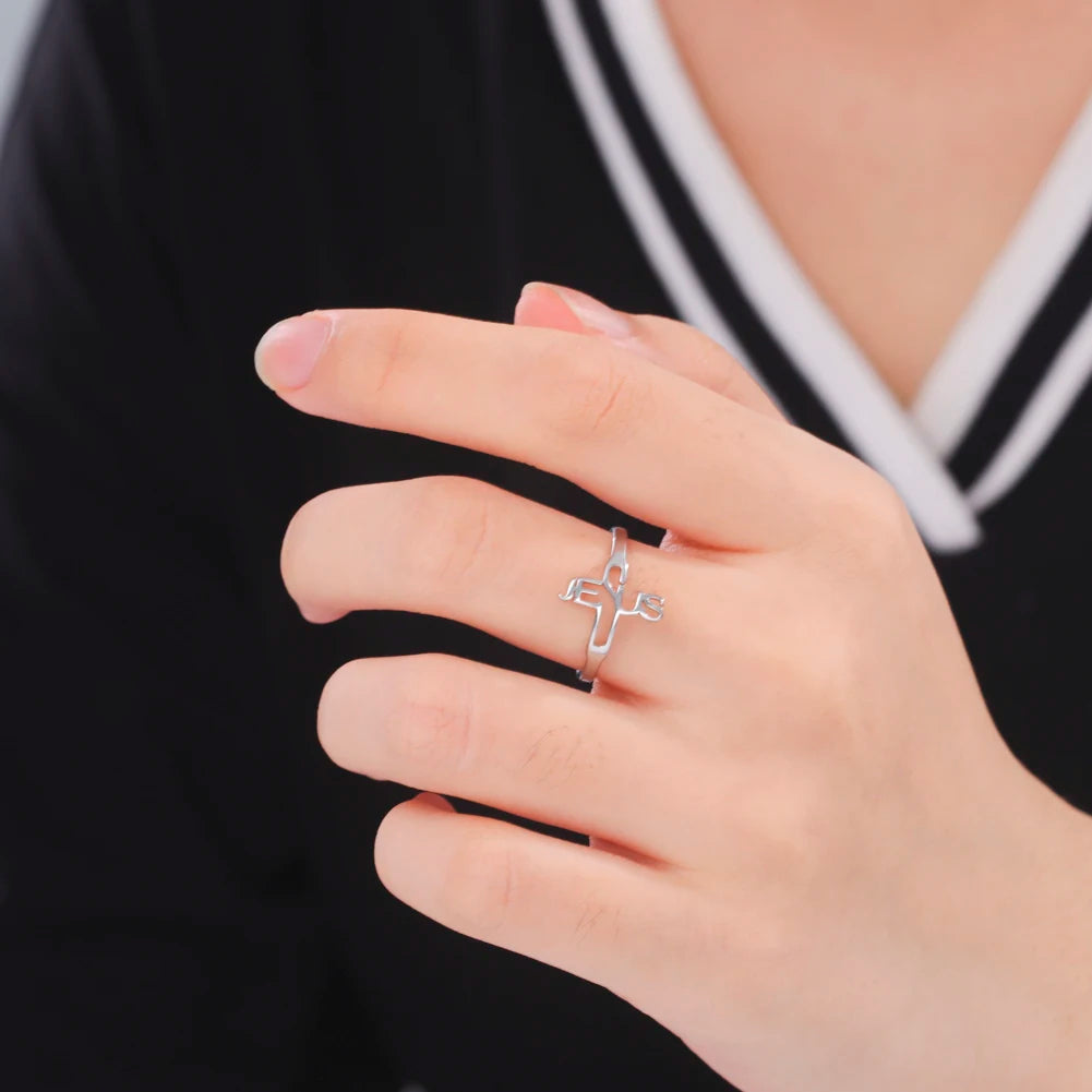 Stainless Steel Jesus Ring Christian Religious Holy Cross Wedding Engagement