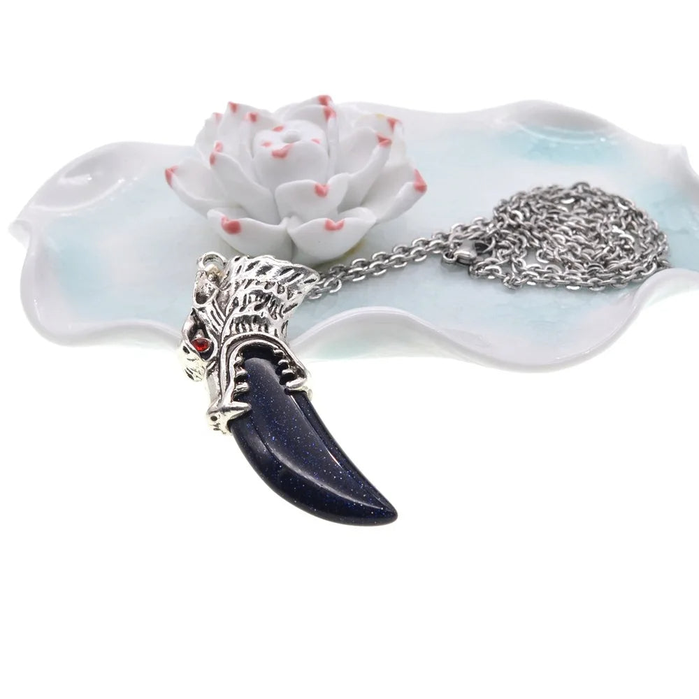 Men's Stainless Steel Pendant Necklace Natural Crystal Wolf Tooth Tribal-Necklaces-Innovato Design-Dark Blue-Innovato Design