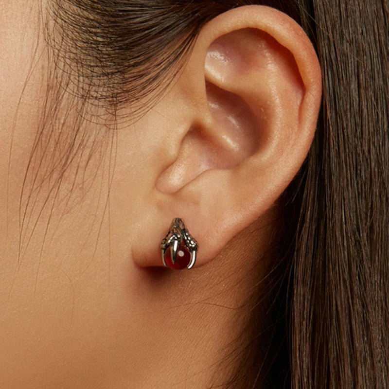 Stainless Steel Stud Earrings CZ Silver Tone Black Red Blue Dragon Claw-Earrings-Innovato Design-Red-Innovato Design