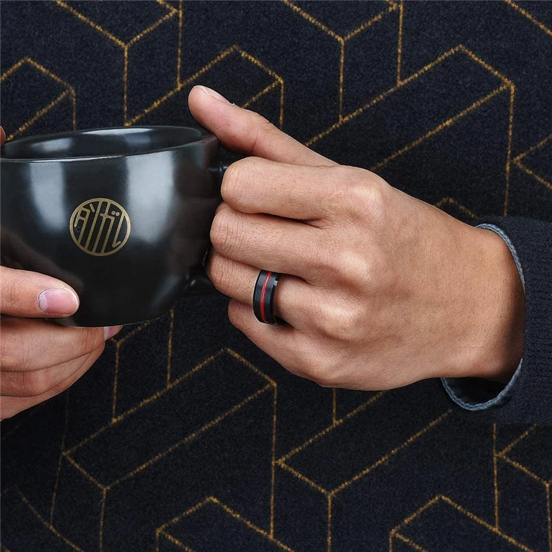 Thin Red Groove Black Brushed Tungsten Carbide Wedding Band Ring Comfort Fit-Rings-Innovato Design-6-Innovato Design