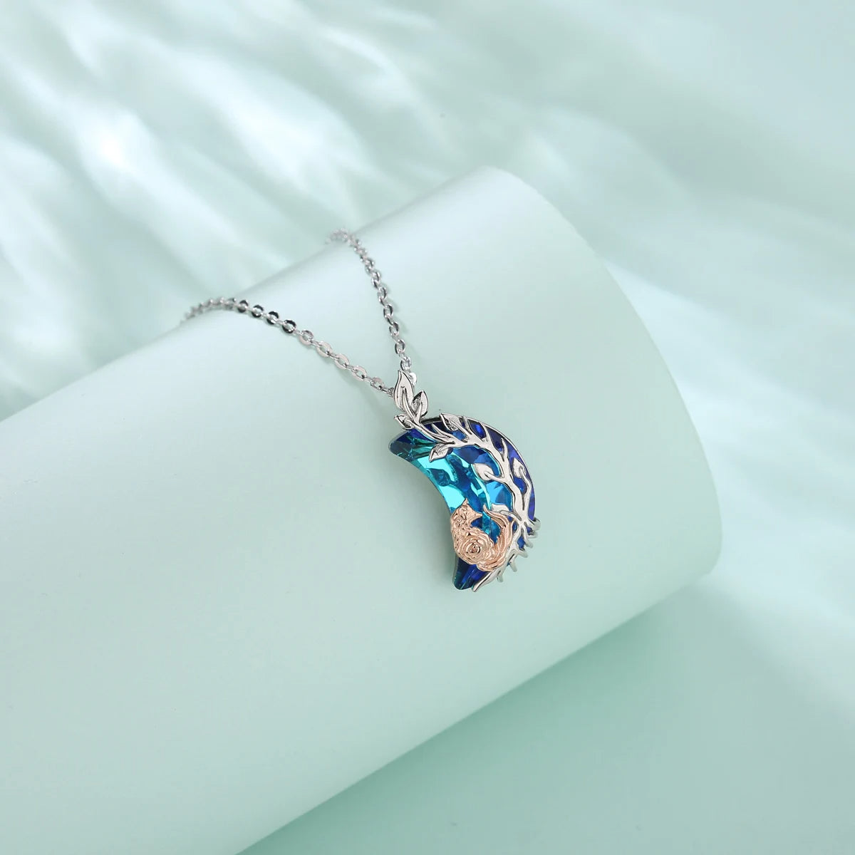 Sterling Silver Crystal Moon and Fox Pendant Necklace-Necklaces-Innovato Design-Innovato Design