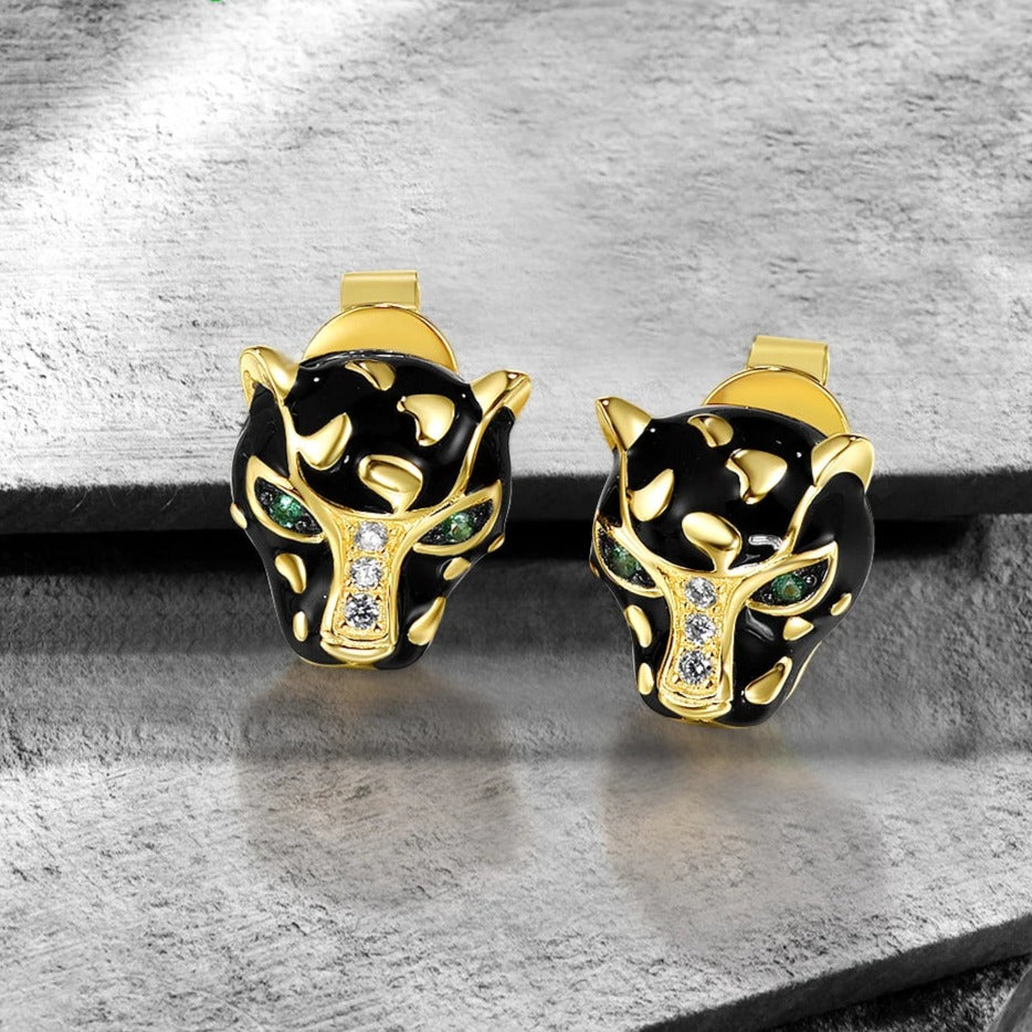 18k Gold Plated Leopard Head White Black Crystal Stud Earrings-Earrings-Innovato Design-Innovato Design