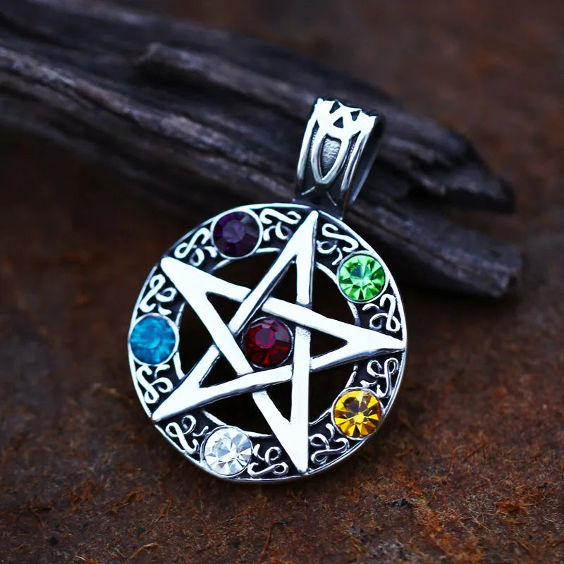 Elemental Crystal Wiccan Pagan Magic Star Pentacle Pentagram Pewter Pendant-Necklaces-Innovato Design-Innovato Design