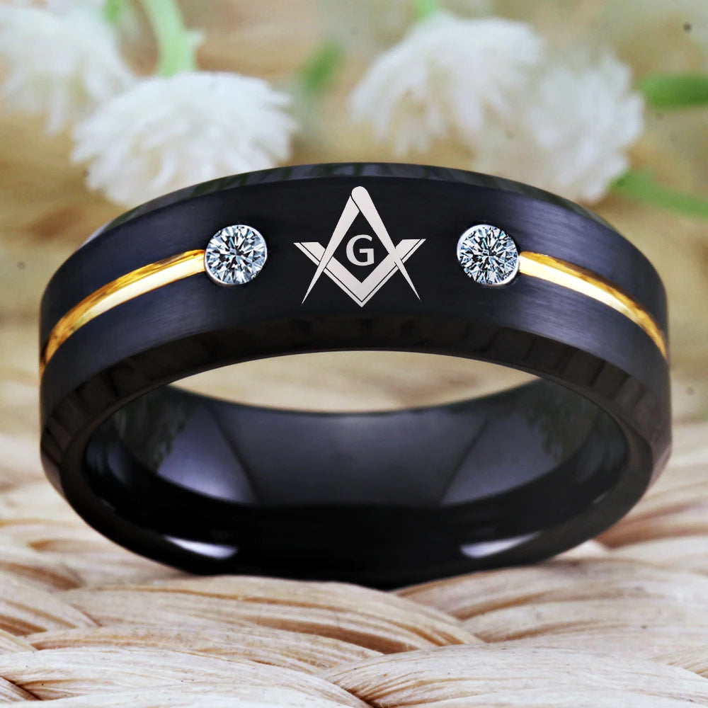 Men's Masonic Tungsten Carbide Ring Gold Line With Stones-Rings-Innovato Design-7-Innovato Design
